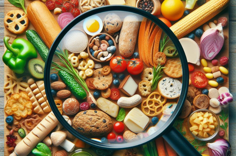 A magnified view of a diverse assortment of food items arranged on a wooden cutting board.