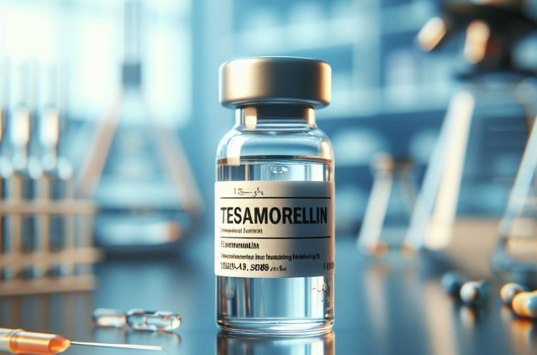 A close-up photo of a vial containing a clear liquid, labeled "Tesamorelin" with a scientific-looking font. The vial is placed on a laboratory bench with a blurred background of scientific equipment like beakers and test tubes.